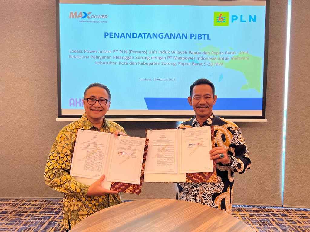 Excess Power Purchase Agreement Signing between PT PLN (Persero) and PT Maxpower Indonesia for the Main Unit for Papua and West Papua (Sorong) with a capacity of up to 20 MW.