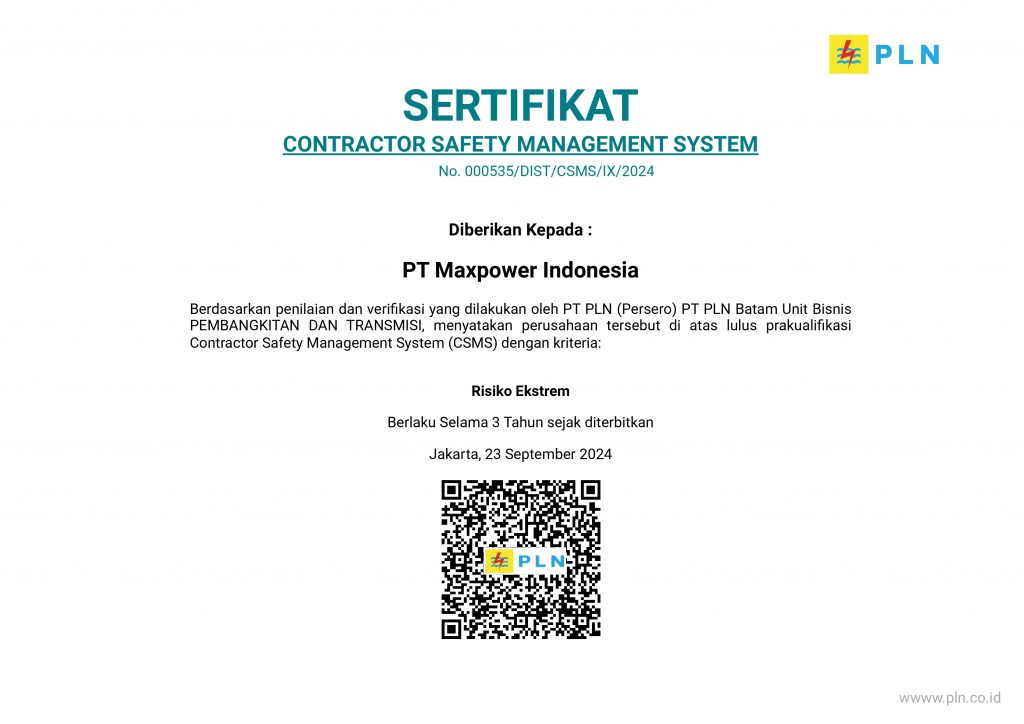 Official Announcement : Maxpower Indonesia Achieves Contractor Safety Management System (CSMS) Certification